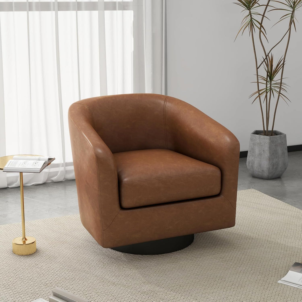 Faux Leather Swivel Accent Chairs, Barrel Armchair, Brown - Set of 2