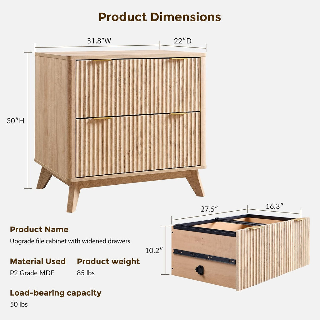31.8-Inch Fluted 2 Drawer Lateral File Cabinet, Natural Oak | Filing Cabinet with Files Hanging Rod for Letter
