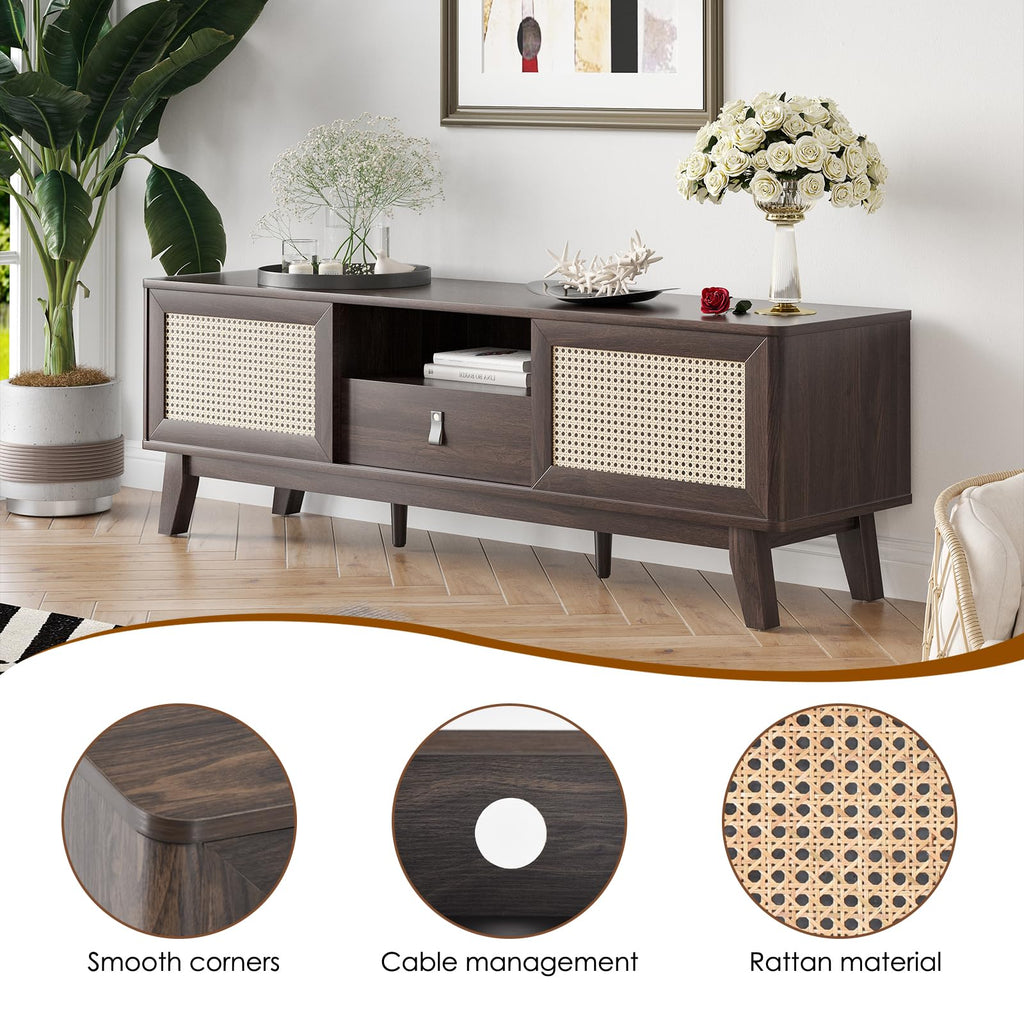 Rattan TV Stand for TVs, Wood TV Stand Mid Century Modern TV Stand TV Media Console with Drawer and 2 Cabinets, Boho