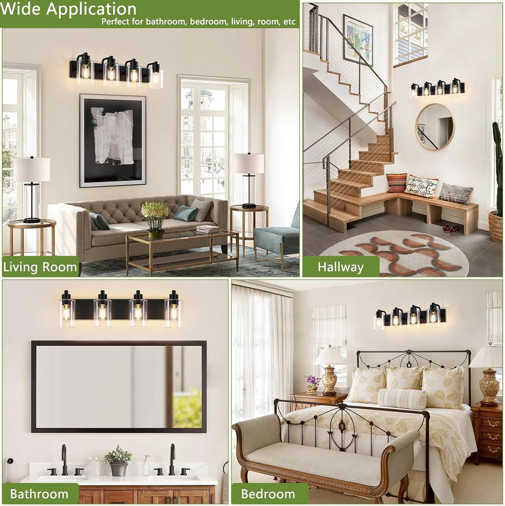 Bathroom Vanity Light, Modern Matte Black 4-Light Bathroom Lights Over Mirror with Clear Glass Shade,Wall Sconces