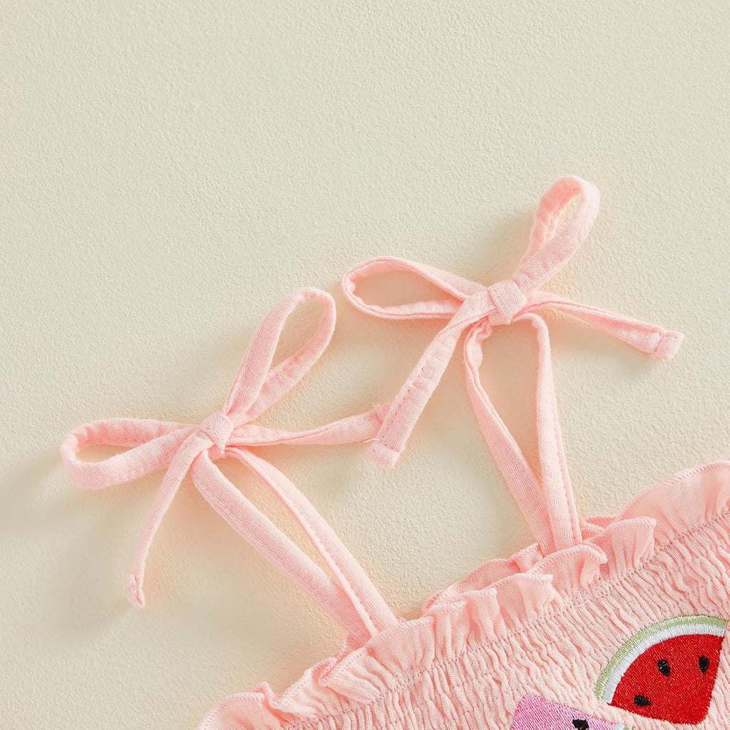 Toddler Girl Summer Outfits Strawberry/Watermelon/Avocado Smocked Tank Tops Linen Pants Cute Muslin 2 Piece Set