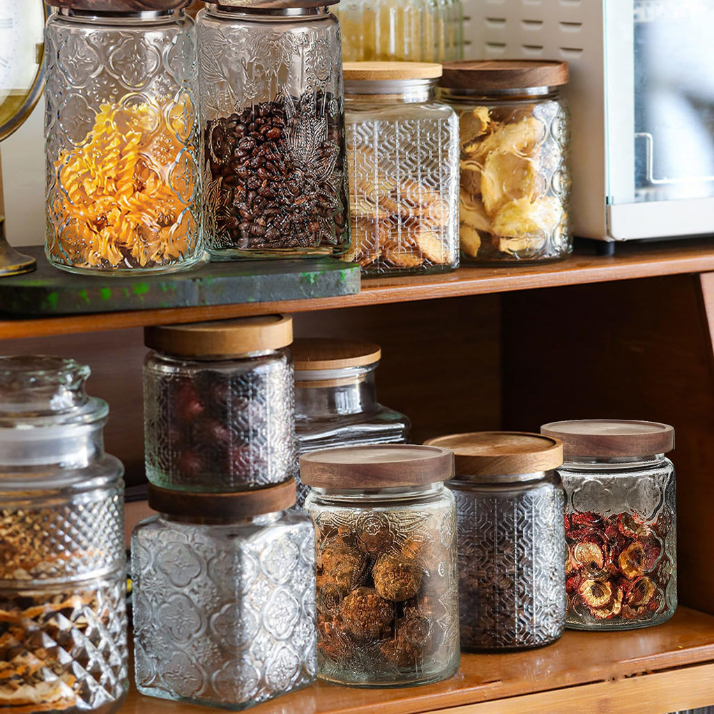 24 OZ/2 PCS Glass Storage Jar with Airtight Bamboo Wooden Lids, Vintage Food Containers Canisters Sets Counter