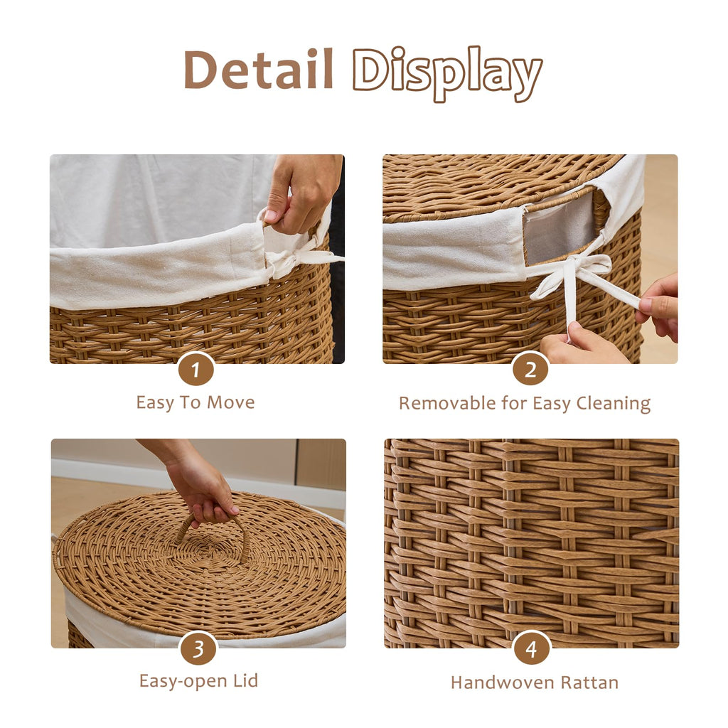 Round Wicker Laundry Hamper with Lid Handwoven Rattan Basket with Handles for Dirty Clothes, 2 Washable Liner Bags