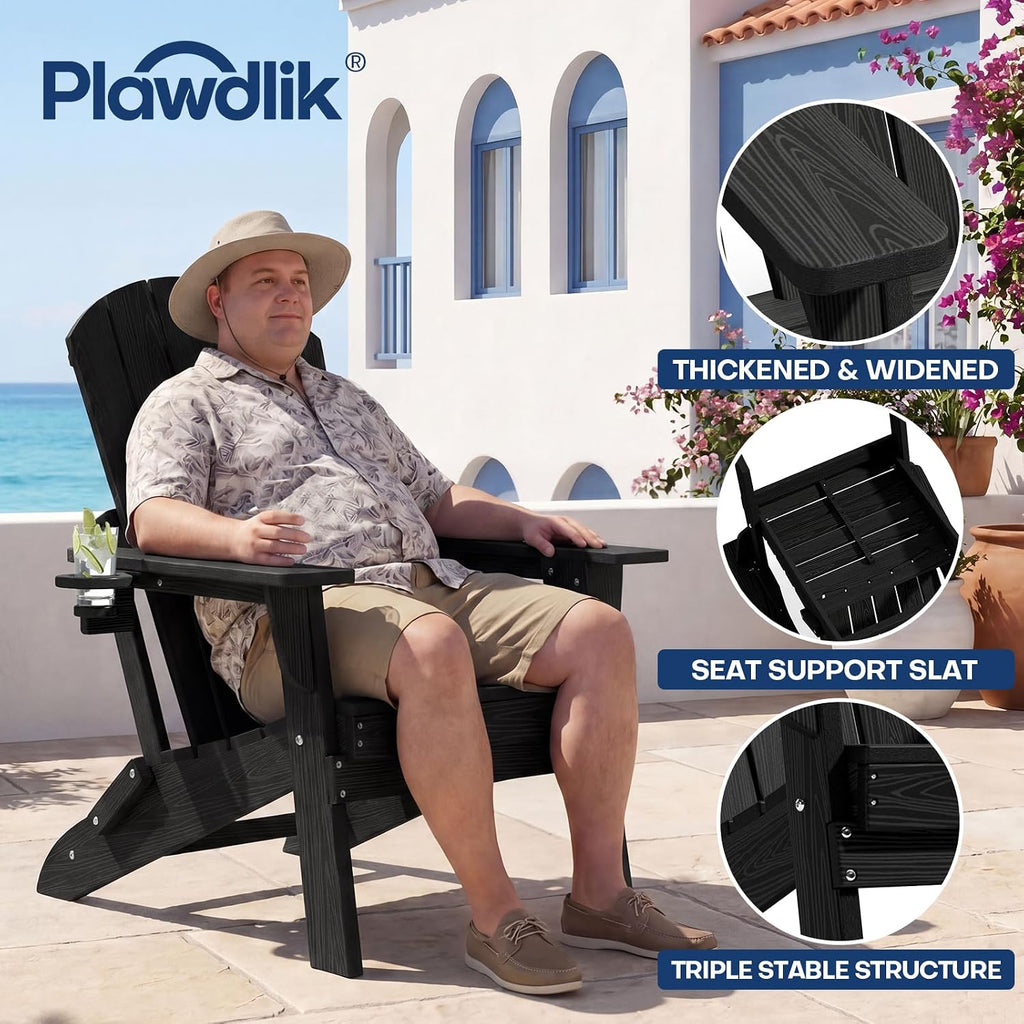 HDPE Folding Adirondack Chair Set of 2 with Cup Holder, Black | SGS Tested, Wooden Textured, Heavy All-Weather HDPE