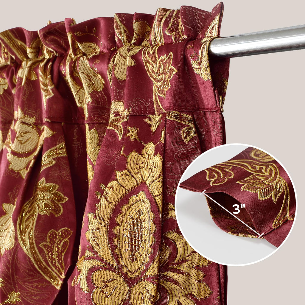 Burgundy Paisley Jacquard Curtains, Victorian Luxury Window Curtains 2 Panels Set with Attached Valance and Sheer