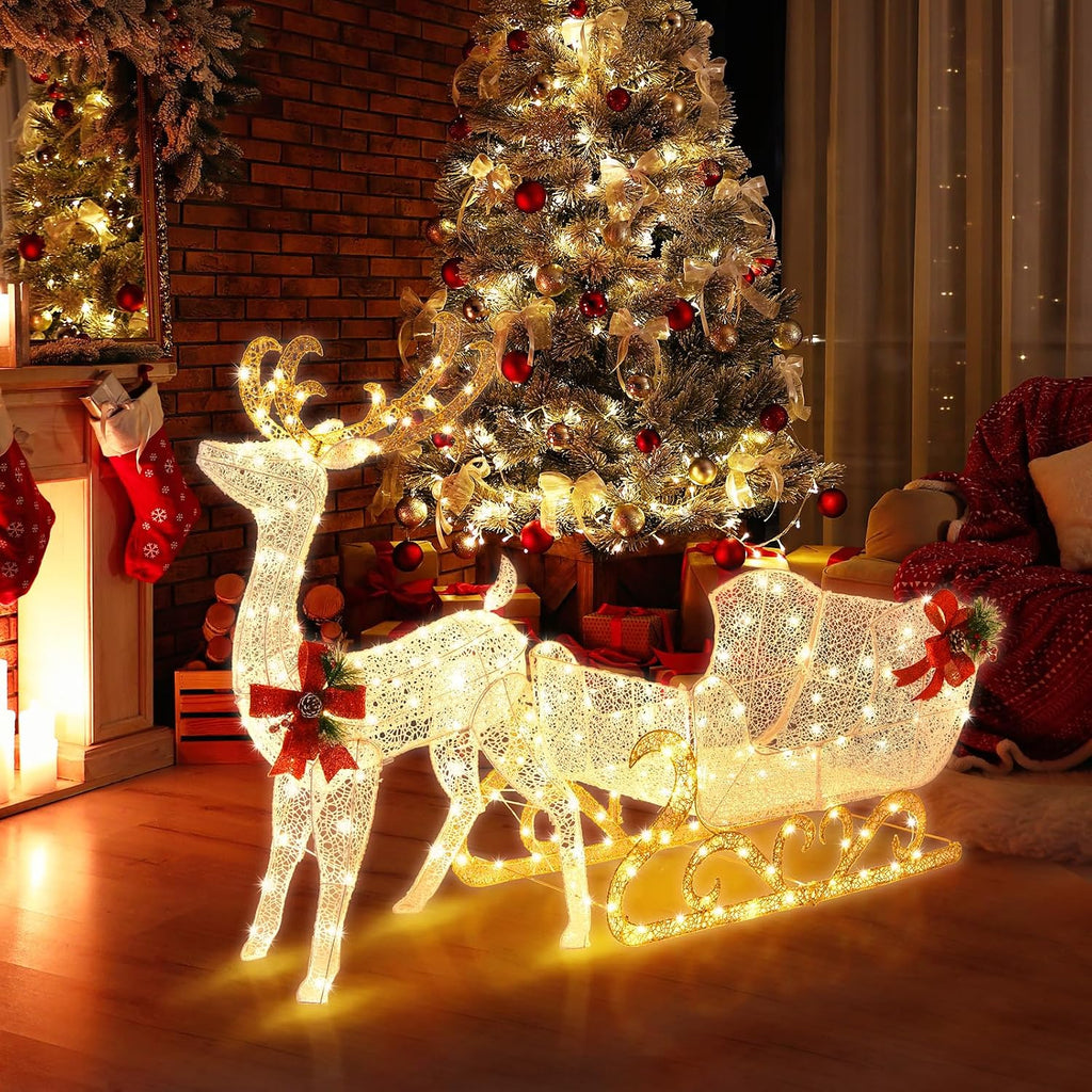 4 FT Lighted 3D Reindeer & Sleigh, Pre-lit Christmas Decoration with 215 Warm White LED Lights, 8 Ground Stakes & 30
