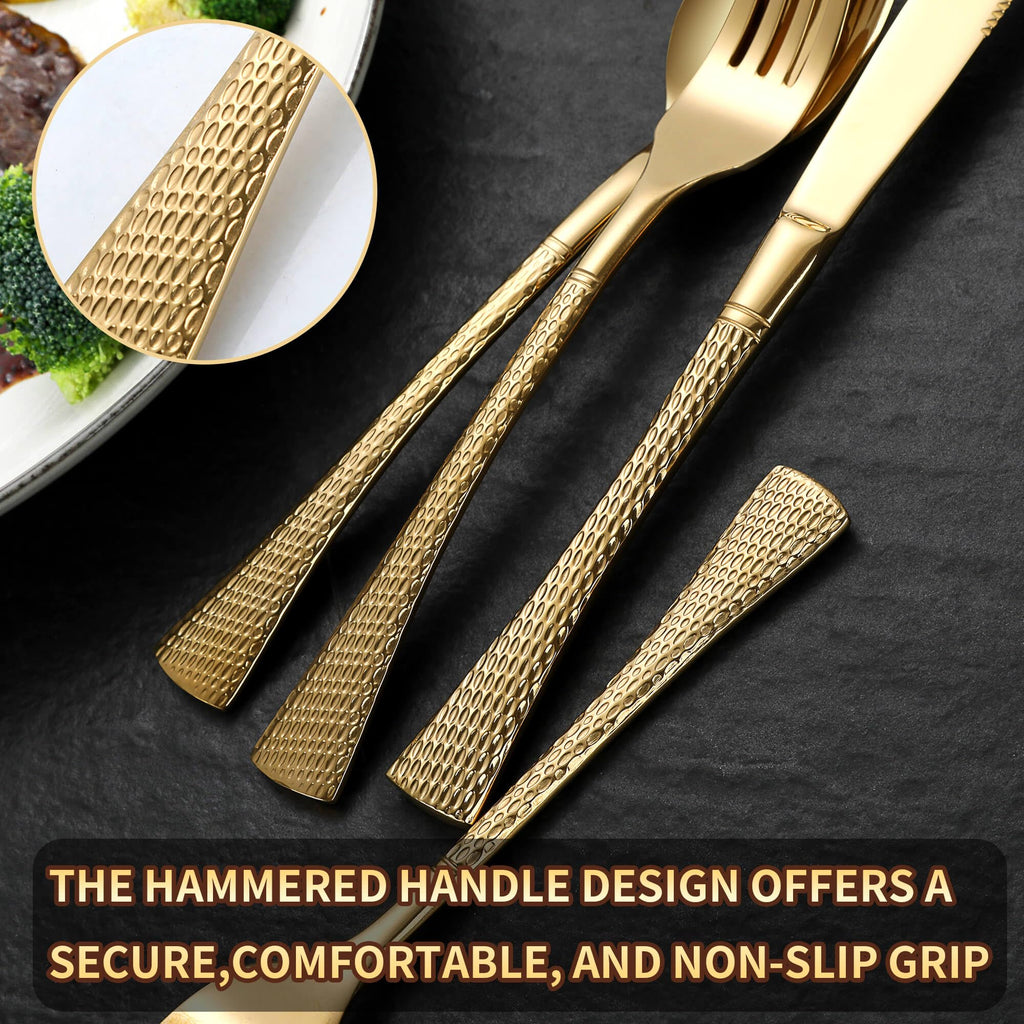 Hammered Gold Silverware Set,20 Piece Modern Flatware Set Service for 4,Mirror Polished Stainless Steel Cutlery Set