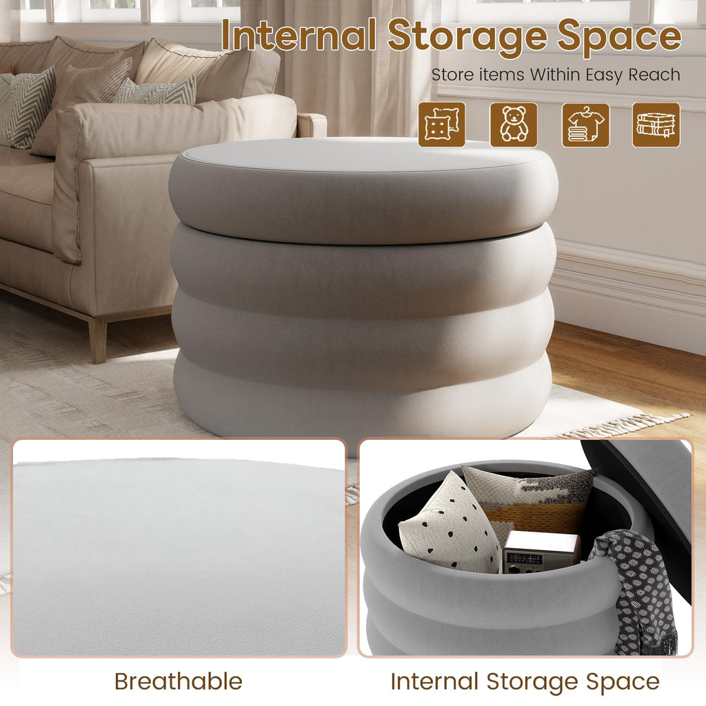 26.3" Wide Round Velvet Ottoman, Storage Foot Stool with Removable Top, Dressing Room and Bedroom, Gray