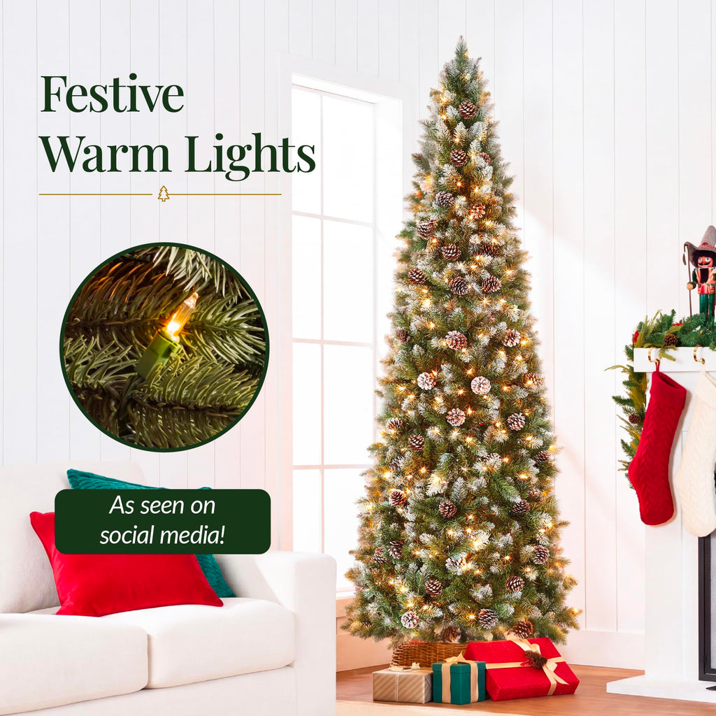 12ft Pre-lit Pencil Christmas Tree Pine w/Warm White Lights Partially Flocked Frosted Slim Holiday Decoration Skinny