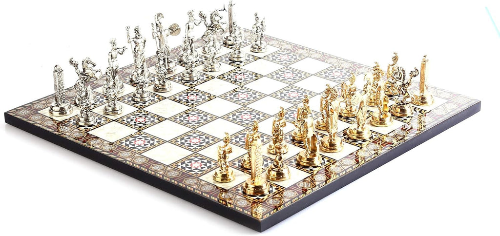 Historical Roman Figures Metal Chess Set for Adults, Handmade Pieces and Mosaic Design Wooden Chess Board King 2.8 inc