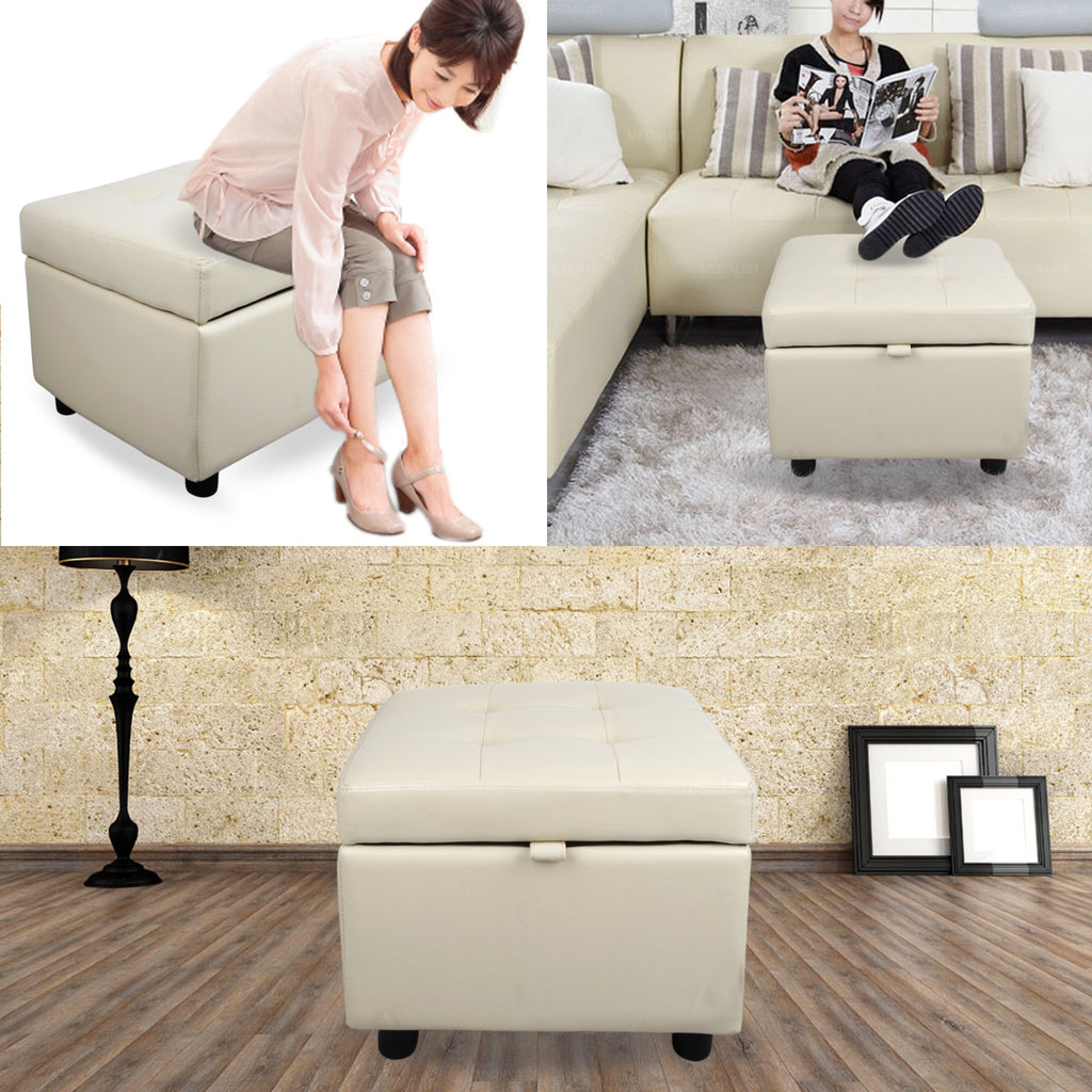 Tufted Leather Square Flip Top Storage Ottoman Cube Foot Rest (Cream with Storage)