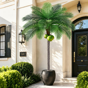 8ft Tall Artificial Phoenix Palm Tree with 3 Coconut Fruits, Large Fake Tropical Silk Tree Outside, Fake Tree Perfect