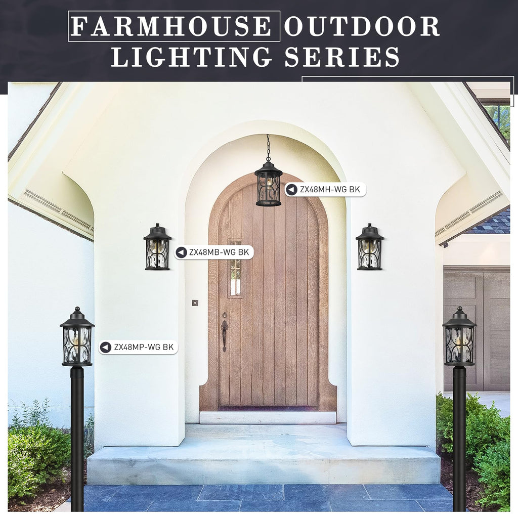 14.6 Inch Outdoor Porch Light, Farmhouse 1-Light Outdoor Wall Sconce, Die-Cast Aluminum in Black Finish, Clear Water