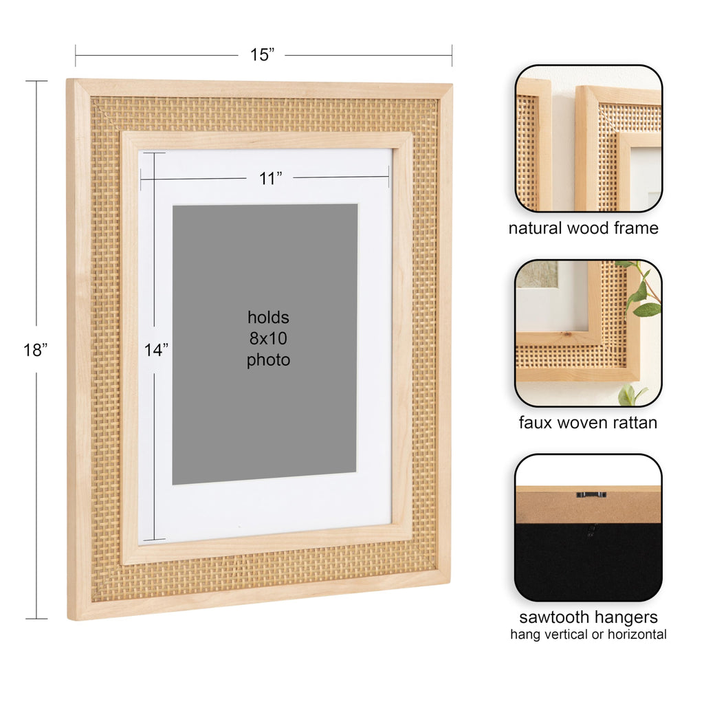 Corah Modern Faux Rattan Picture Frame Set of 2, 11 x 14 matted to 8 x 10, Natural, Boho Two-Piece Glass Photo Frame