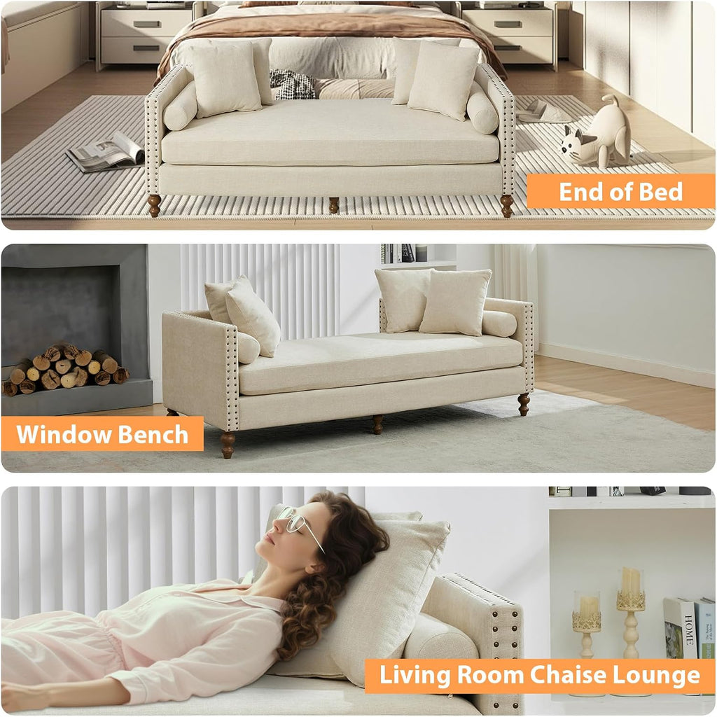 75.2" Oversized Indoor Chaise Lounge, Chenille Upholstered King Size End of Bed Bench with Arms, Sleeper Sofa with 4