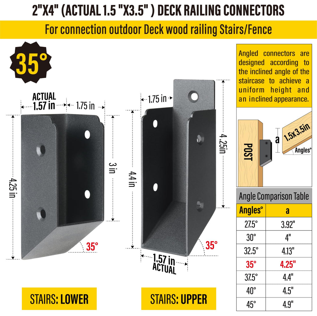 201 Stainless Steel 2" x 4" (1 1⁄2" x 3 1⁄2" Actual) Deck Railing 35° Stair Connectors, for Deck Railing Stair
