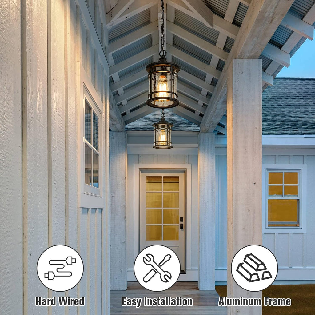 Modern Outdoor Pendant Light - Outdoor Hanging Porch Light with Seeded Glass Shade in Black Finish, BK