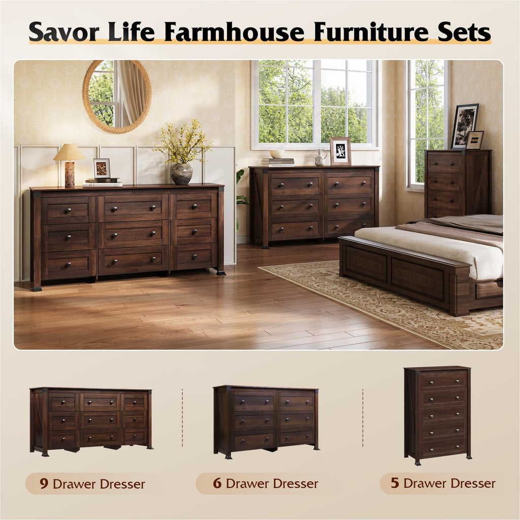 Brown Dresser, 9 Drawer Wooden Chest of Drawers with SGS-Tested Anti-Tip Design, 62 Inch Wide Rustic Dresser TV