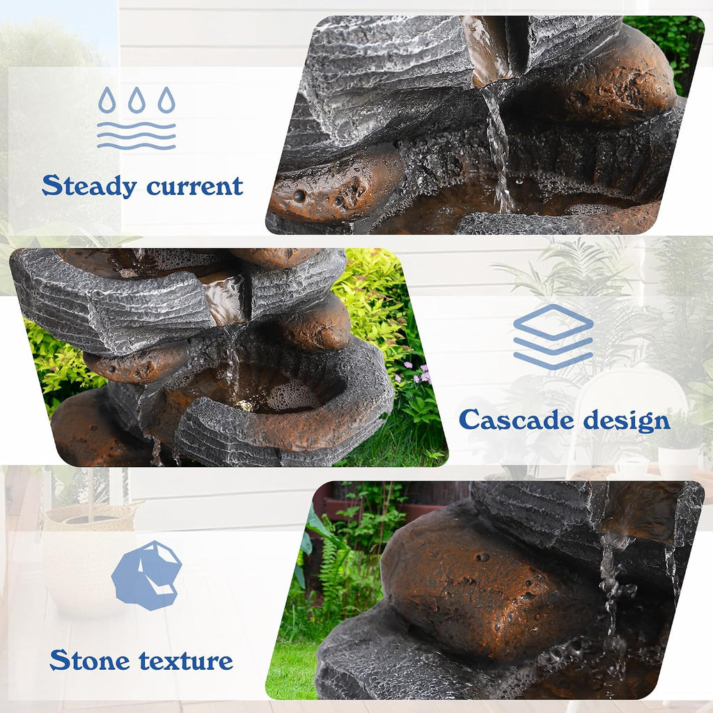 5-Tiers Cascading Rock Water Fountain Outdoor, Waterfalls Fountains | Garden Freestanding Resin Water Feature