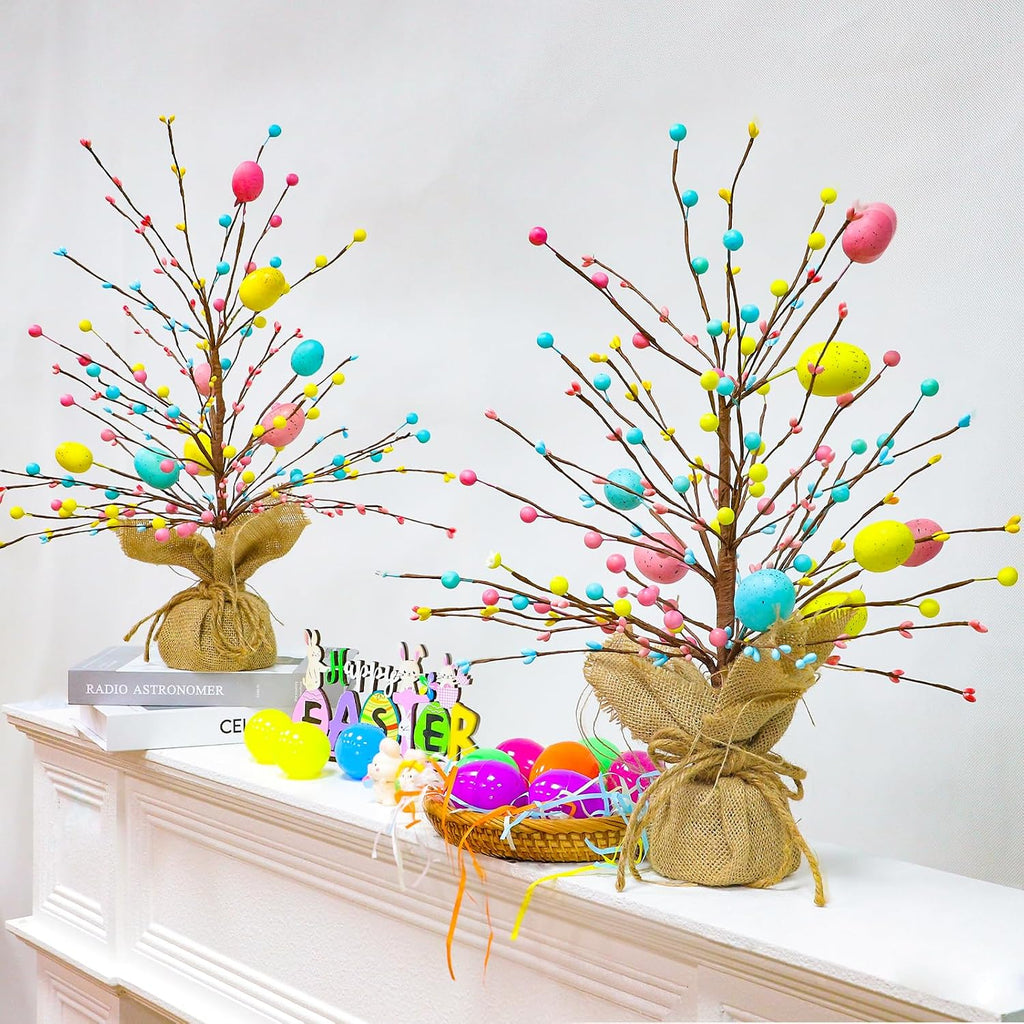 & Timer - Easter Decorations, Easter Tree Tabletop with 20 Warm White Lights Battery Operated 19 Inch 8 Large - Set of 2