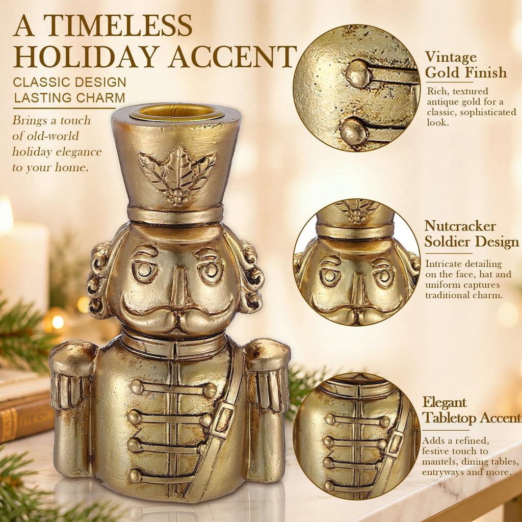 2 Pcs Nutcracker Candle Holders Gold Christmas Taper Candlesticks