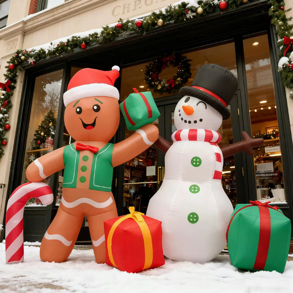 6FT Christmas Inflatable Decoration, Built-in LED Lighting Gingerbread Man Snowman Gift Box, Suitable for Inflatable