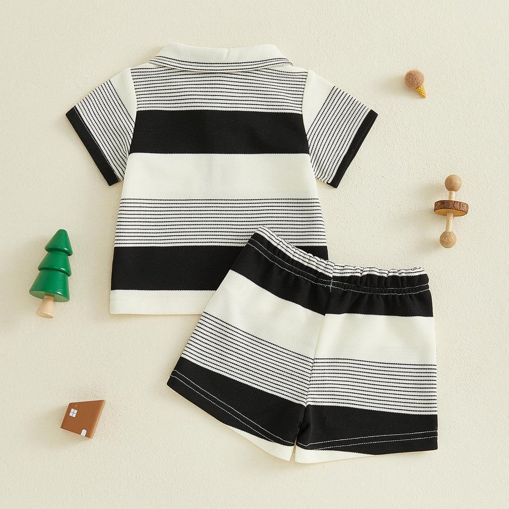 Toddler Baby Boy Summer 2 Piece Bear Outfits Color Block Striped Short Sleeve Button Collared Shirt Shorts Set