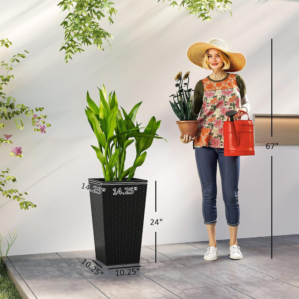 24 in Taper Tall Planters for Outdoor Plants Set of 3, Black | with Drainage Holes, Rattan Decor Plant Pots, Indoor