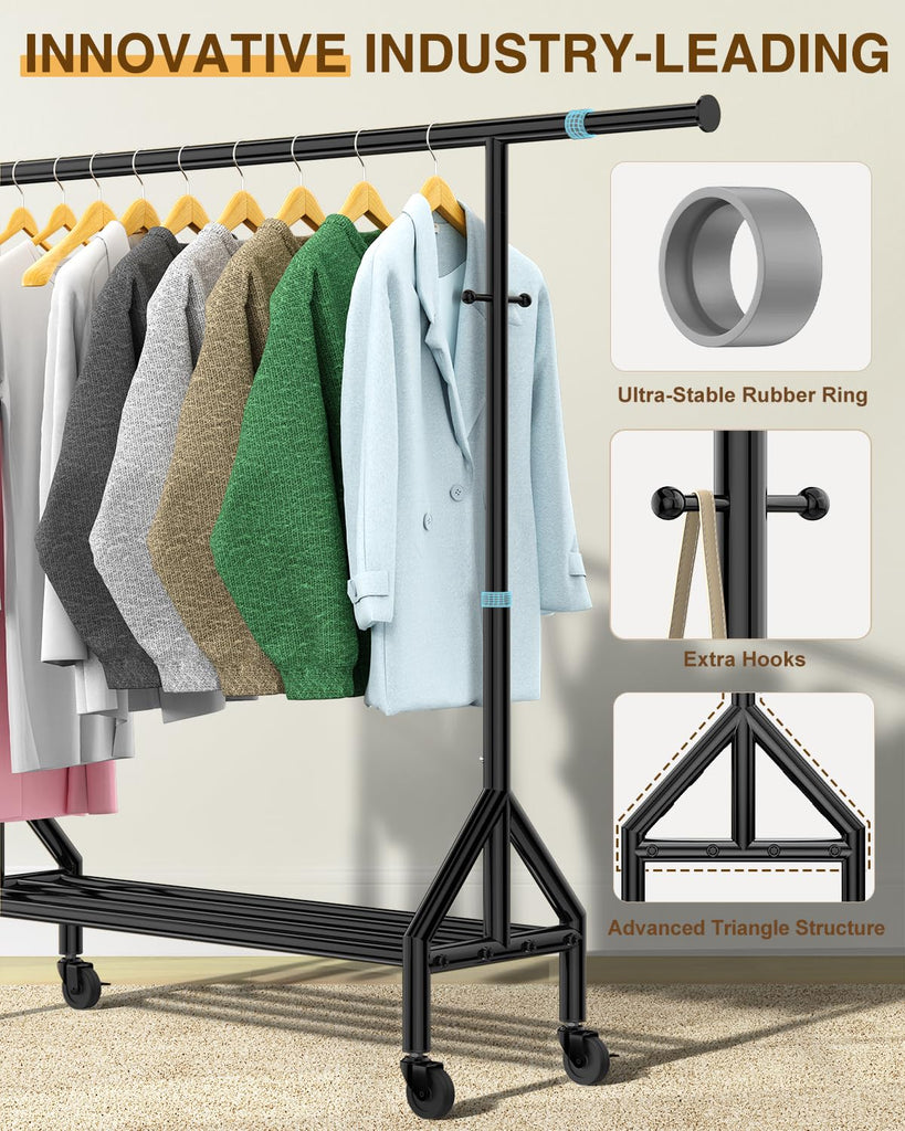 Heavy Duty Clothes Rack Load 520LBS, Adjustable Rolling Clothing Rack with Sturdy Wheel, Industrial Closet Garment