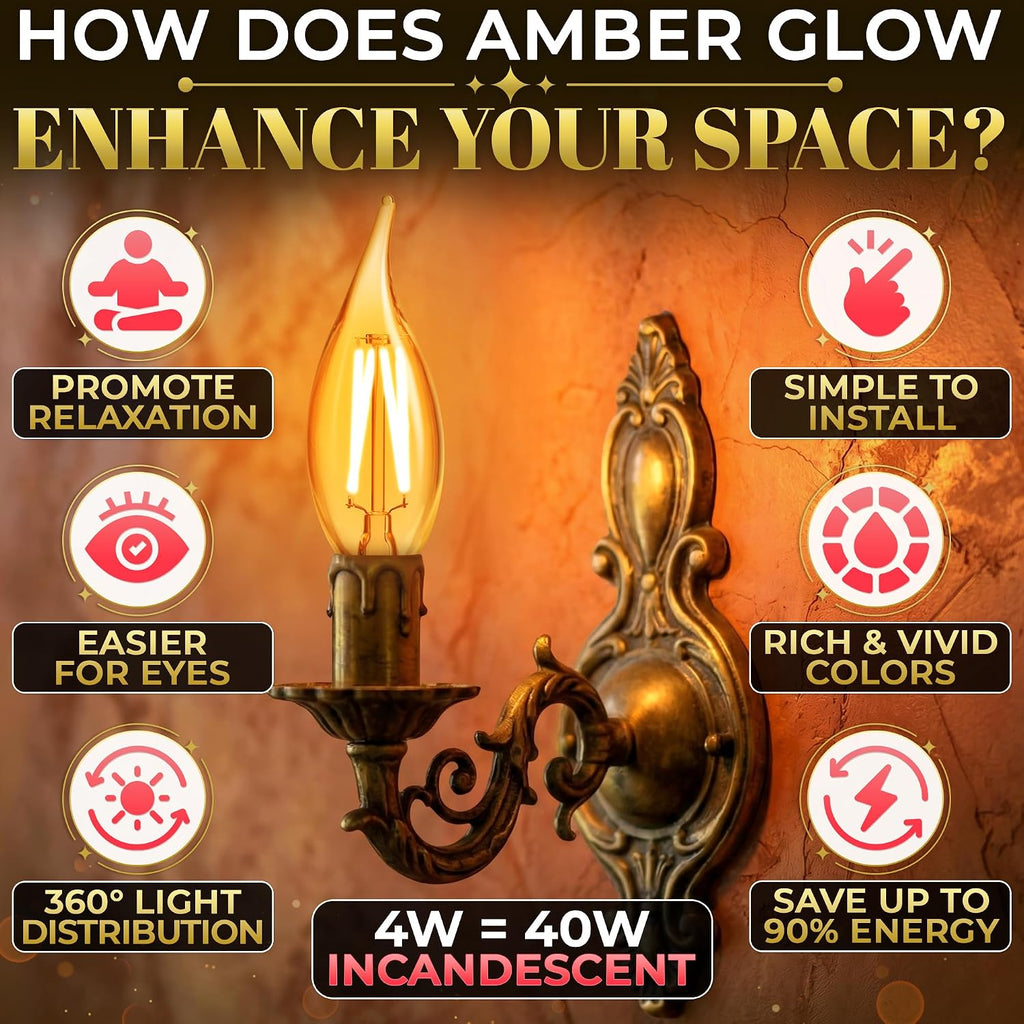 E12 Amber Light Bulbs 40 Watt Equivalent, 6 Pack, 4W 2200K for Candelabra