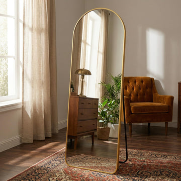 Arched Full Length Mirror - 64"x21" Large Floor Standing Mirror, Aluminum Frame Full Body Mirrors with Stand /Living
