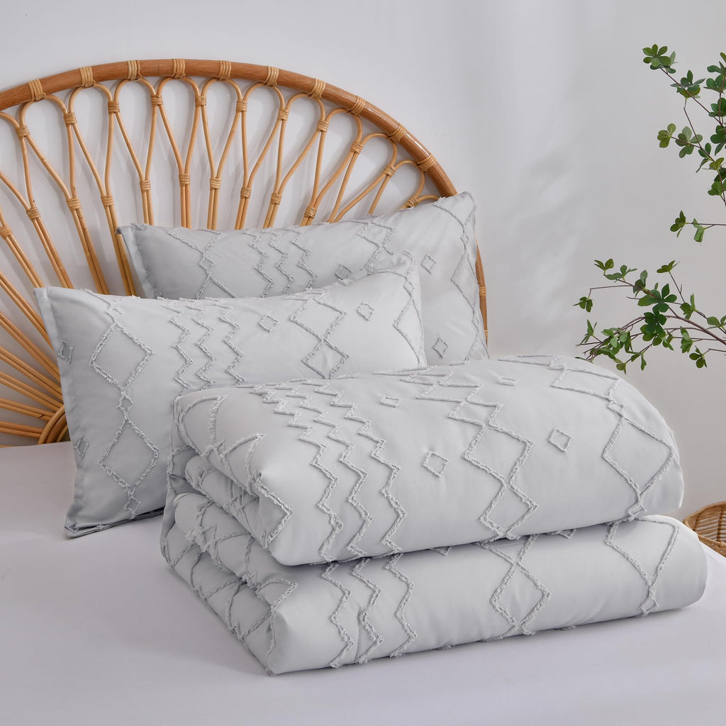 Queen Comforter Set 3 Pieces, Ultra Soft Boho Tufted Bedding Set for All Season, Grey Queen Size Comforter (90''x90'')