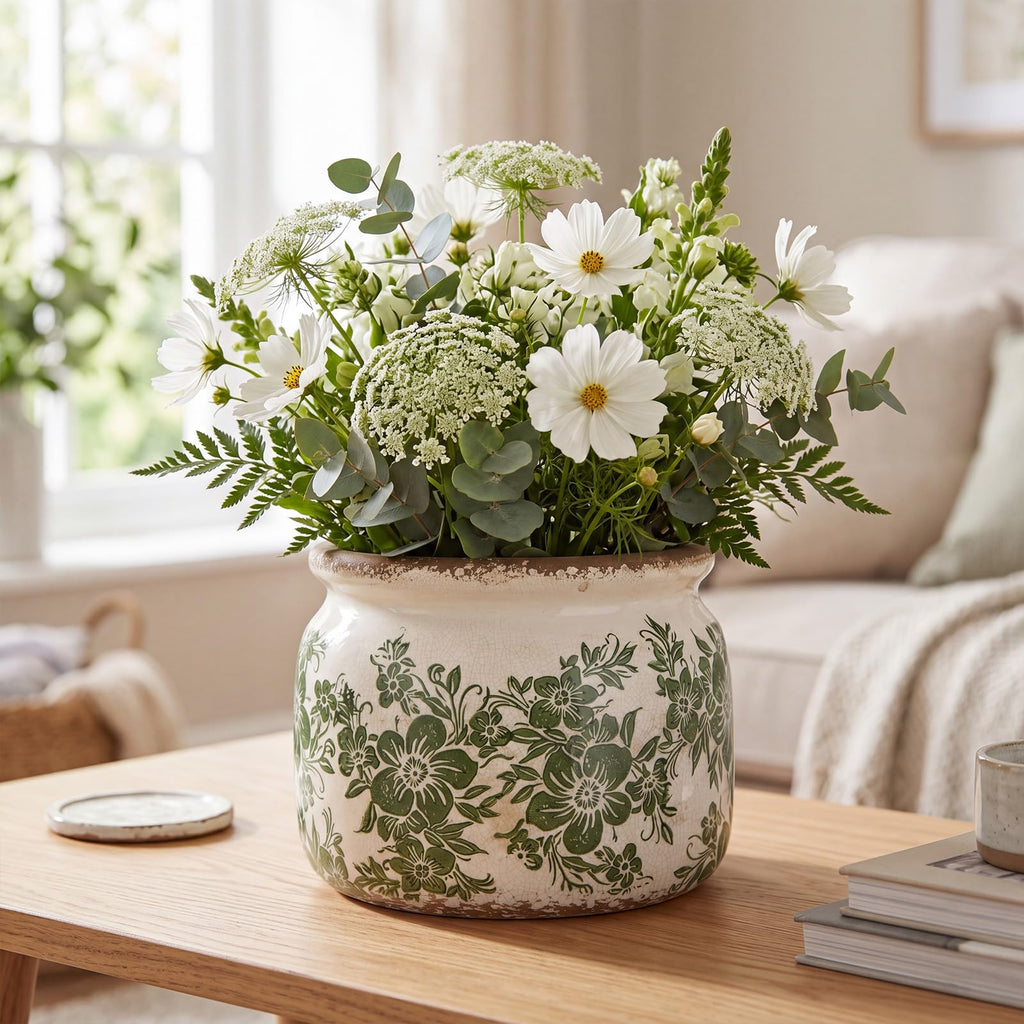 7.7" Large Ceramic Plant Pot Beige Green Farmhouse Floral Crackle Glaze Rustic Flowers Pot Decorative Planter with