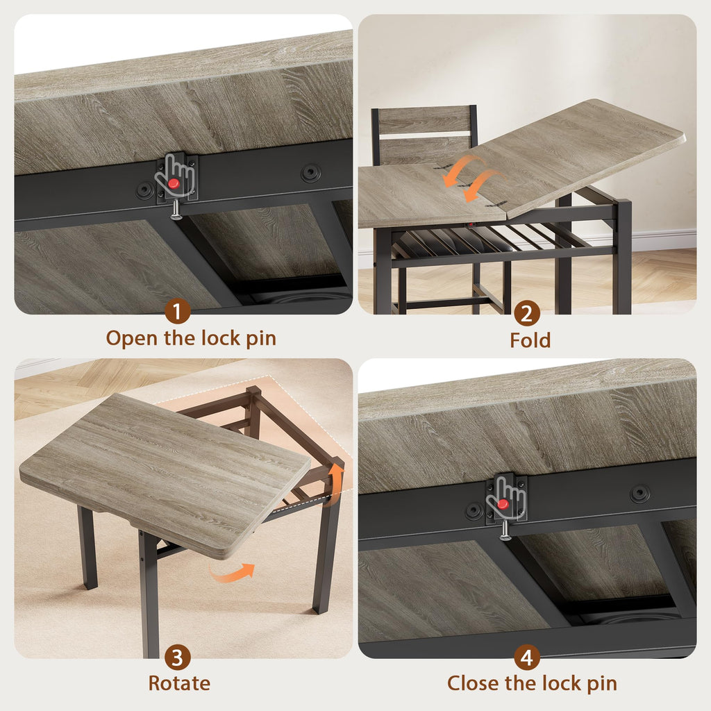 Extendable Dining Table Set for 4 with Shelf Rack&4 PU Leather Chairs Grey
