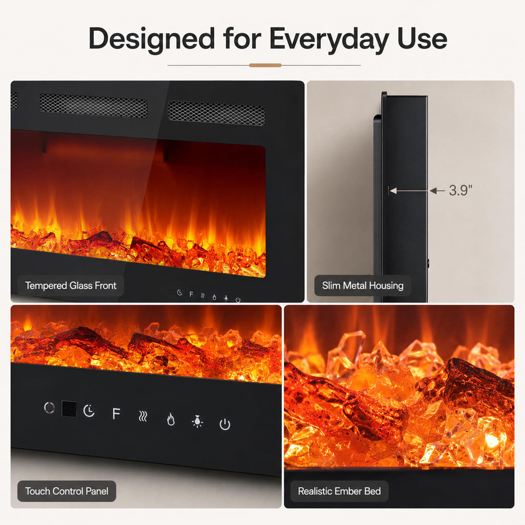 36 Inch Electric Fireplace, Modern Wall Mounted Fireplace Heater