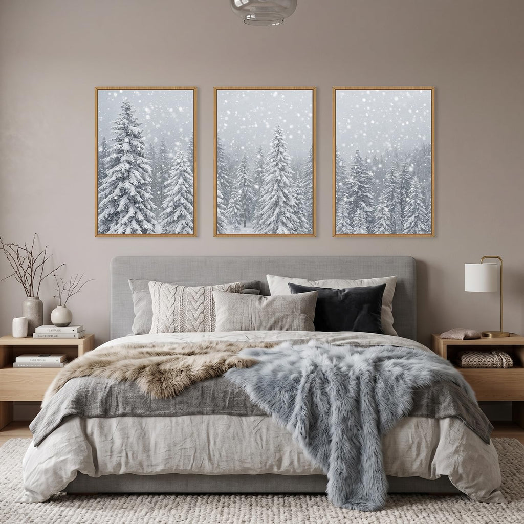 Winter Christmas Tree Snowy Forest Scene Framed Canvas Wall Art Set, Natural Snow Covered Pine Tree Snowflake Wall