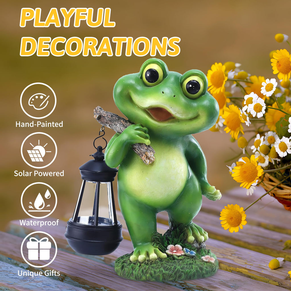 Outdoor Frog Garden Decor: 11'' Yard Decoration with Solar Lantern Funny Frog Statue Gifts for Women Mother's Day