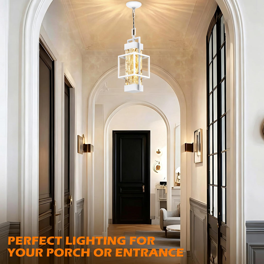 15'' White Outdoor Indoor Pendant Celing Light Fixture, Modern Exterior Hanging Chandelier Porch Lights, Aluminum