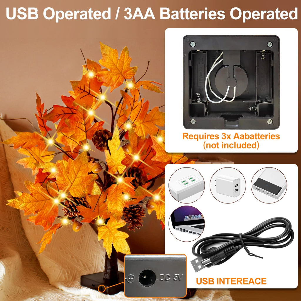 2 Pcs 24 Inch Artificial Fall Tree Lighted Maple Tree Battery USB Operated w/Timer, 24 LED Thanksgiving Decorations