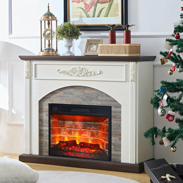 44Inch Electric Fireplace with Mantel, White Fireplace Heater with LED Flame, Corner Firebox with 23" Red Brick Firep