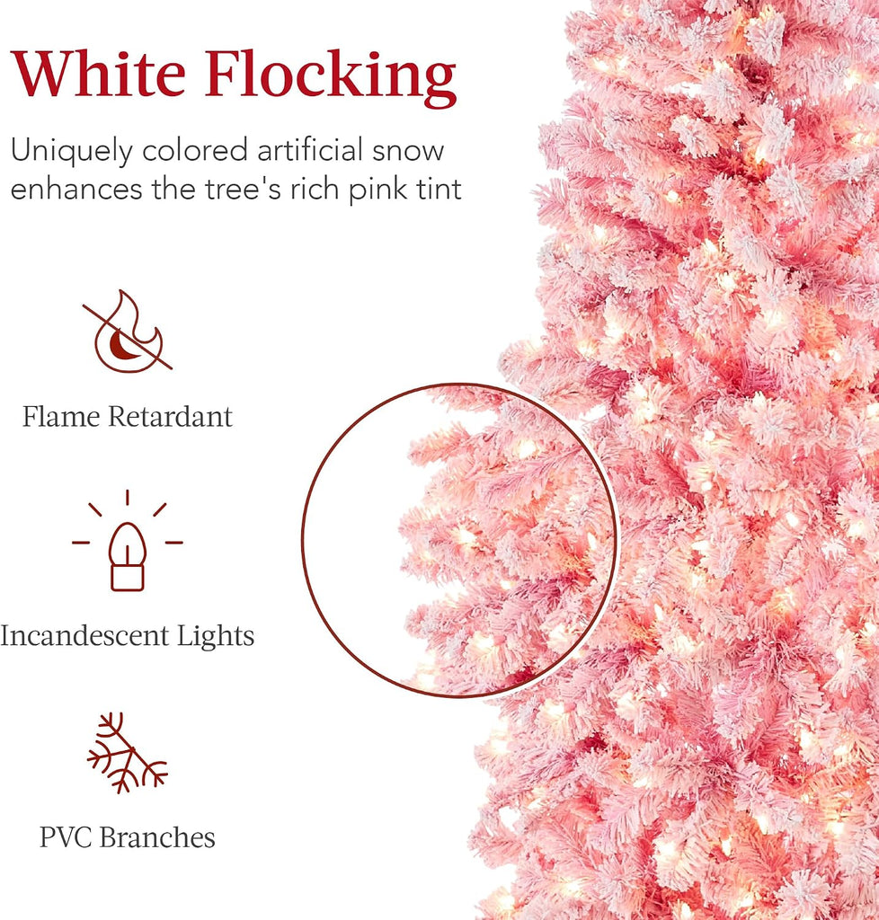 Flocked Pink Pencil Christmas Tree, Pre-Lit Slim Artificial Holiday Decoration, Lighted Skinny w/Base, Warm