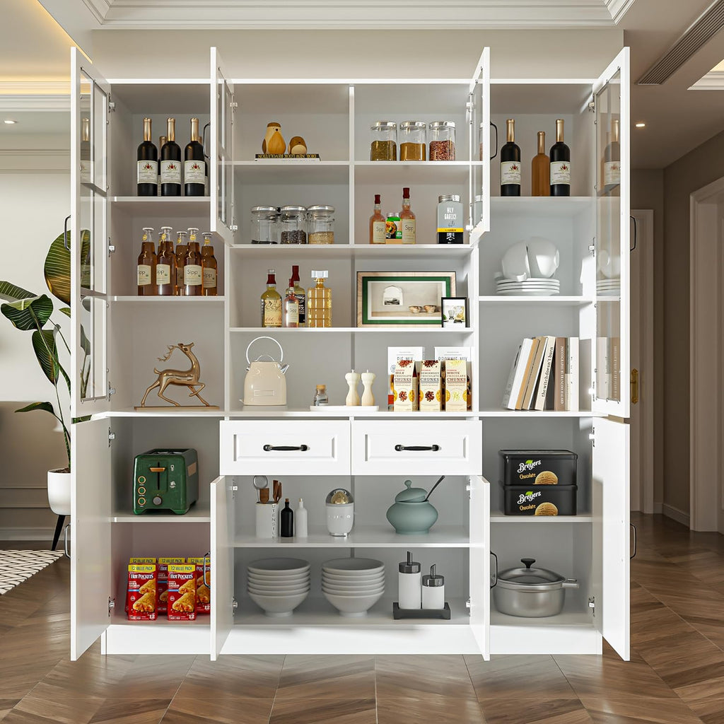 MU Kitchen Storage Cabinet with Glass Doors, Large China Hutch with 2 Drawers & 5 Adjustable Shelves, Kitchen Pantry