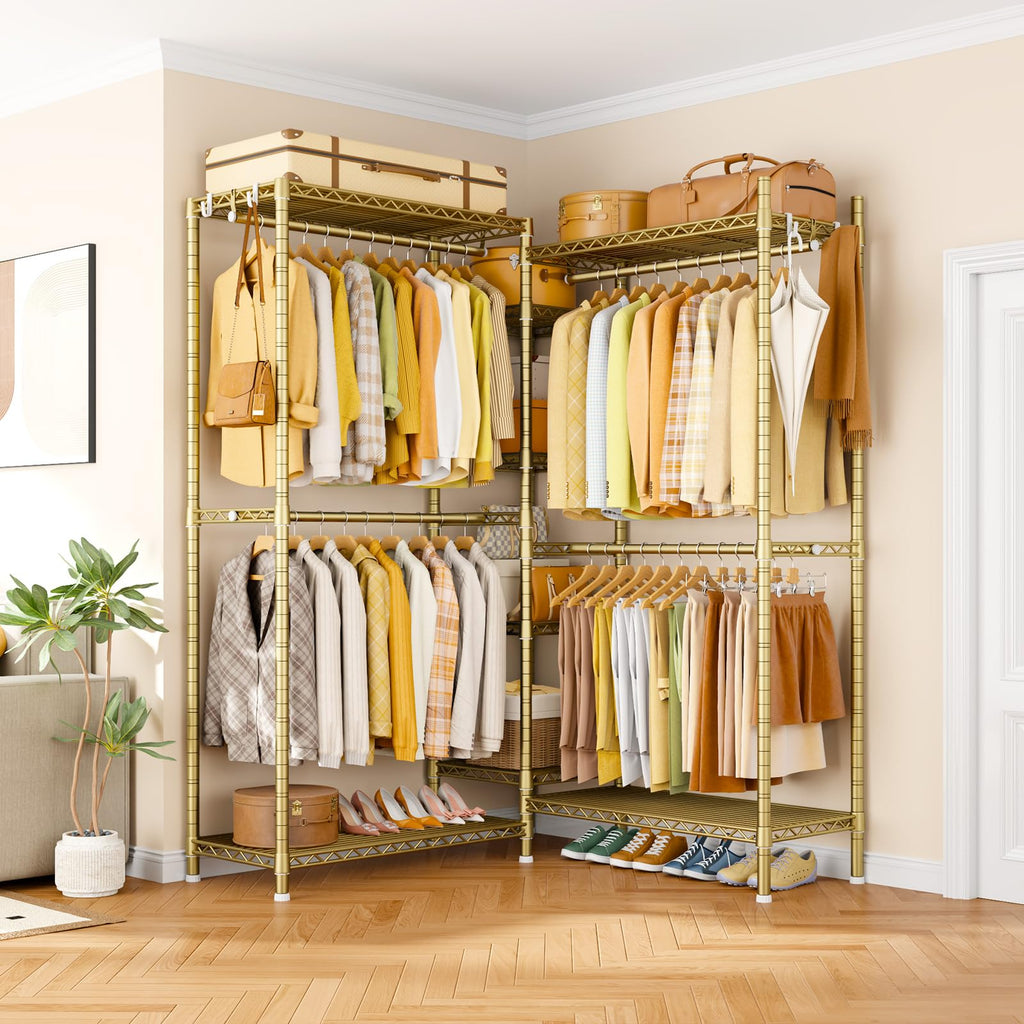 E4L Corner Clothes Rack, L Shaped Garment Rack, Heavy-Duty Freestanding Closet System with Shelves and Hangers, Max