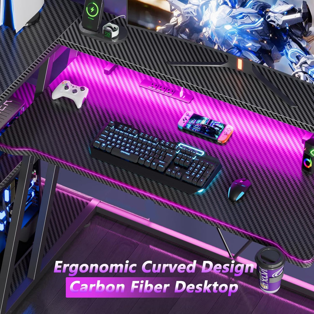 55 Inch Gaming Desk with Power Outlet & LED Lights, L Shaped Gamer Computer Table with Storage Shelves , Corner Home