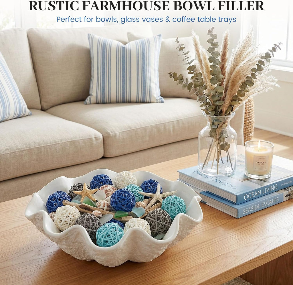 Blue Decorative Balls for Bowl Centerpiece, 2 Inch Rattan - Set of 24