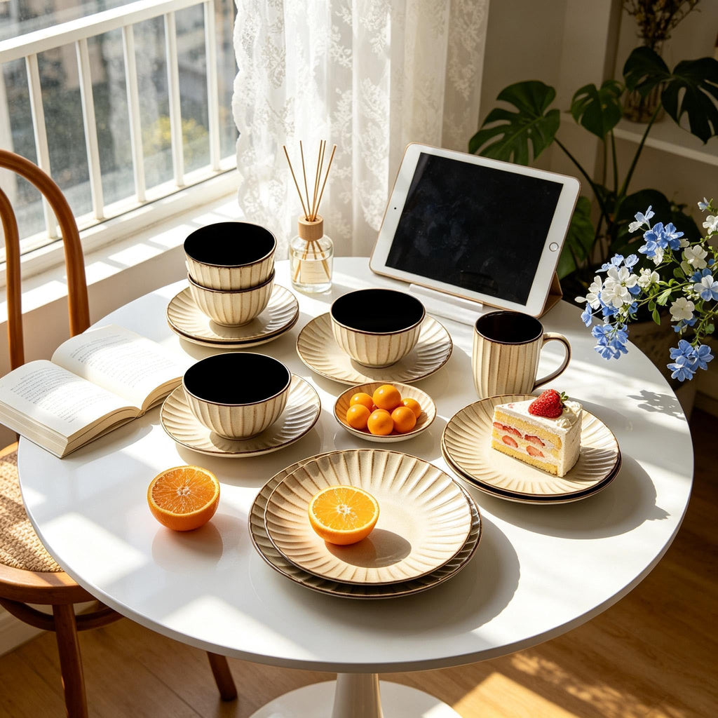 Ribbed Stoneware Dinnerware Set, Reactive Glaze Golden Cream, Service for 4