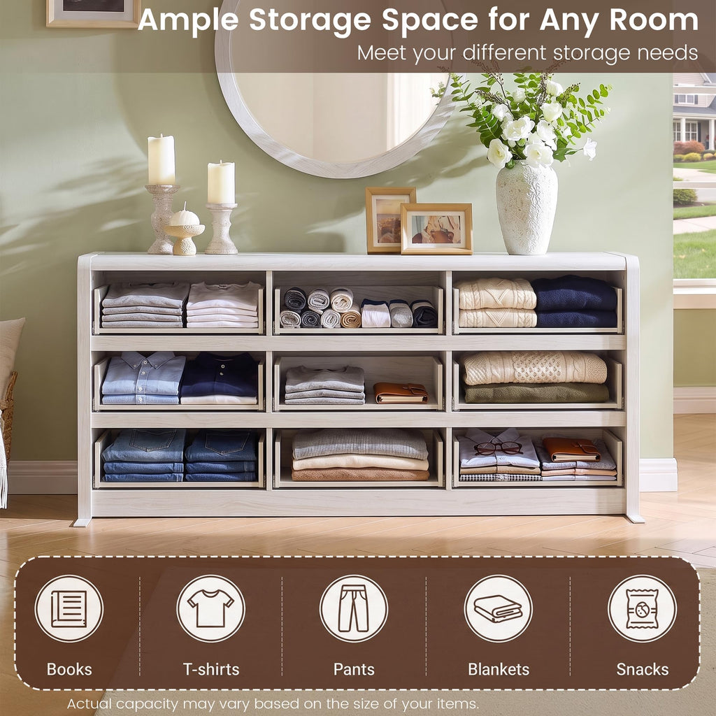 63" Wide Large with 9 Drawers, White, Mid Century Modern & Chest of Drawers, Rounded Corner, Wood Storage Organizer