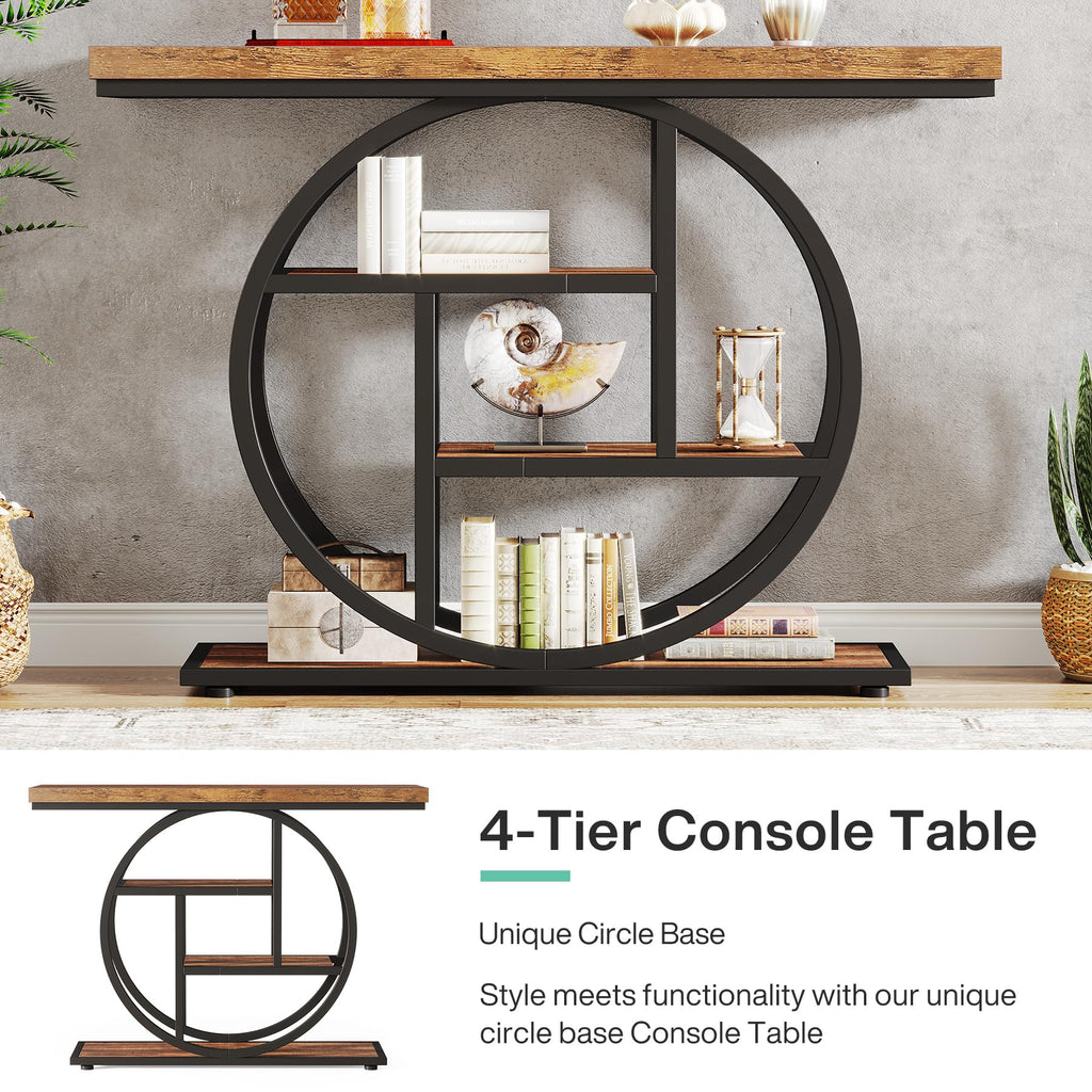 41.3" Console Table, Industrial 4-Tier Sofa Table Entryway Table with Circle Base, Narrow Wood Accent Tables with