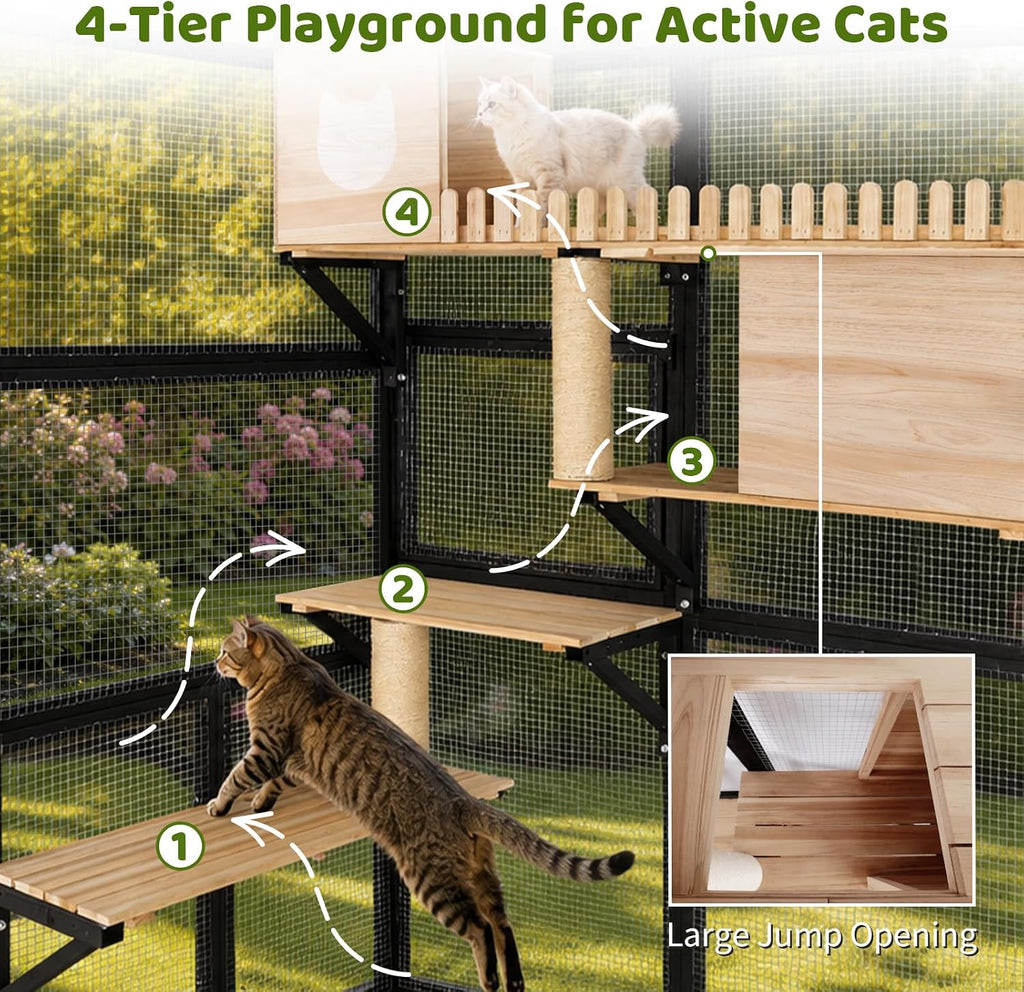 Catio Outdoor Cat Enclosure, 4-Tier Walk-in Cat House with Window Entrance