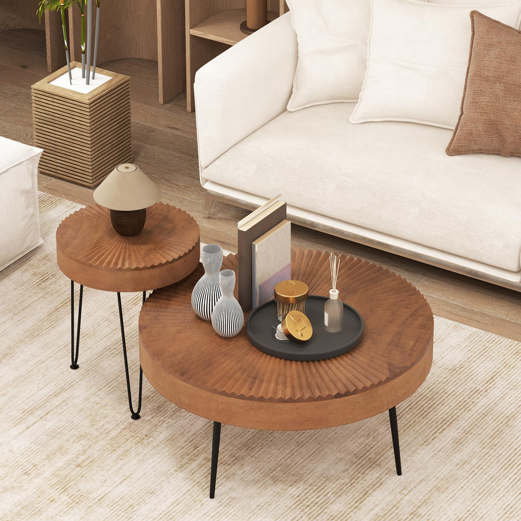 Boho Round Coffee Set of 2, Sofa Side Nesting with Solid Pine Wood Top, Metal Legs & Adjustable Foot Pads, 31.5" D